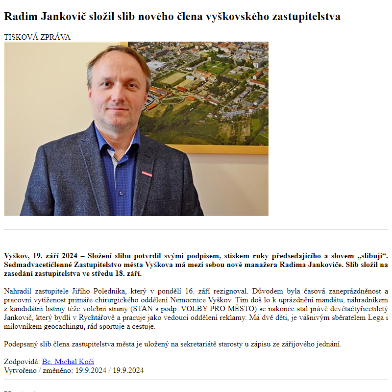 Odběr novinek ze dne 20.9.2024 - dokument Radim Jankovič složil slib nového člena vyškovského zastupitelstva