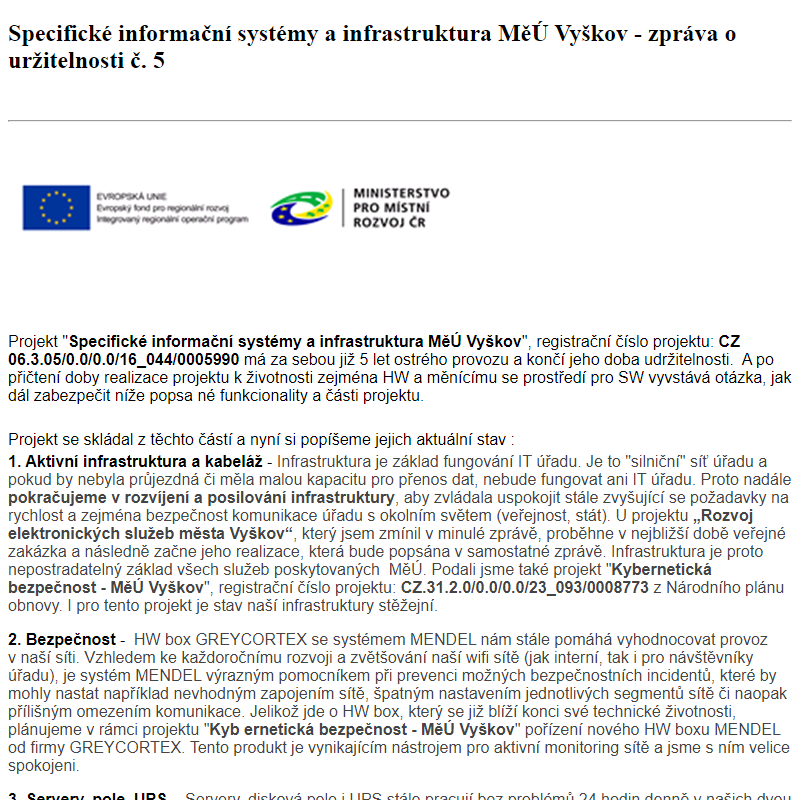 Odběr novinek ze dne 27.5.2024 - dokument Specifické informační systémy a infrastruktura MěÚ Vyškov - zpráva o uržitelnosti č. 5