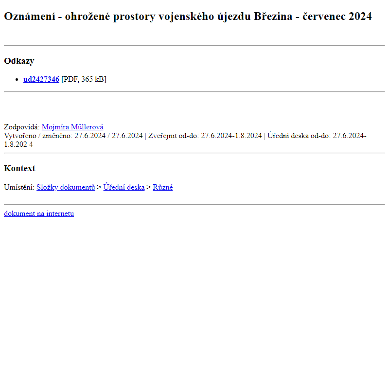 Odběr novinek ze dne 28.6.2024 - dokument Oznámení - ohrožené prostory vojenského újezdu Březina - červenec 2024