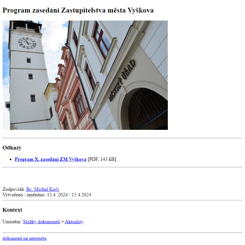 Odběr novinek ze dne 16.4.2024 - dokument Program zasedání Zastupitelstva města Vyškova