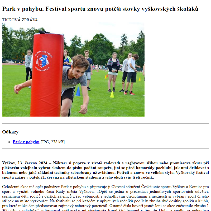 Odběr novinek ze dne 14.6.2024 - dokument Park v pohybu. Festival sportu znovu potěší stovky vyškovských školáků