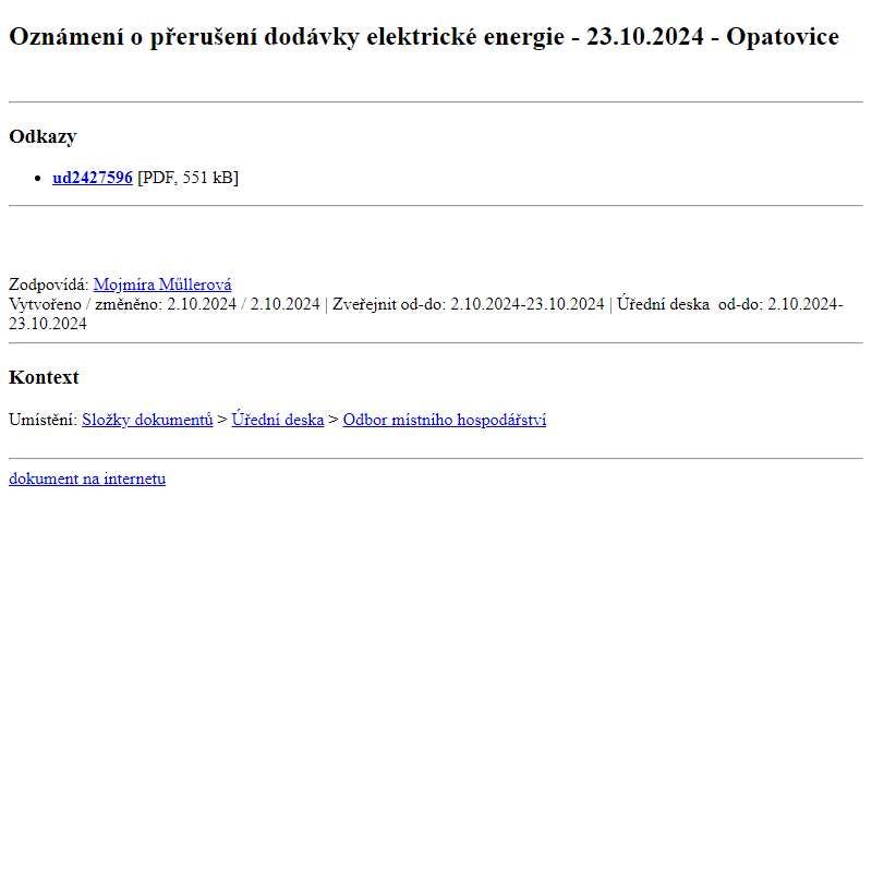 Odběr novinek ze dne 3.10.2024 - dokument Oznámení o přerušení dodávky elektrické energie - 23.10.2024 - Opatovice