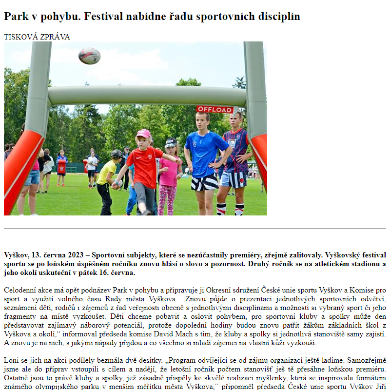 Odběr novinek ze dne 14.6.2023 - dokument Park v pohybu. Festival nabídne řadu sportovních disciplín