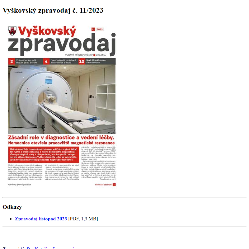 Odběr novinek ze dne 2.11.2023 - dokument Vyškovský zpravodaj č. 11/2023