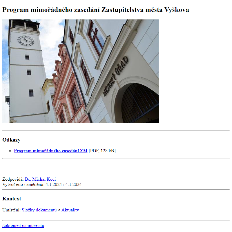 Odběr novinek ze dne 5.1.2024 - dokument Program mimořádného zasedání Zastupitelstva města Vyškova