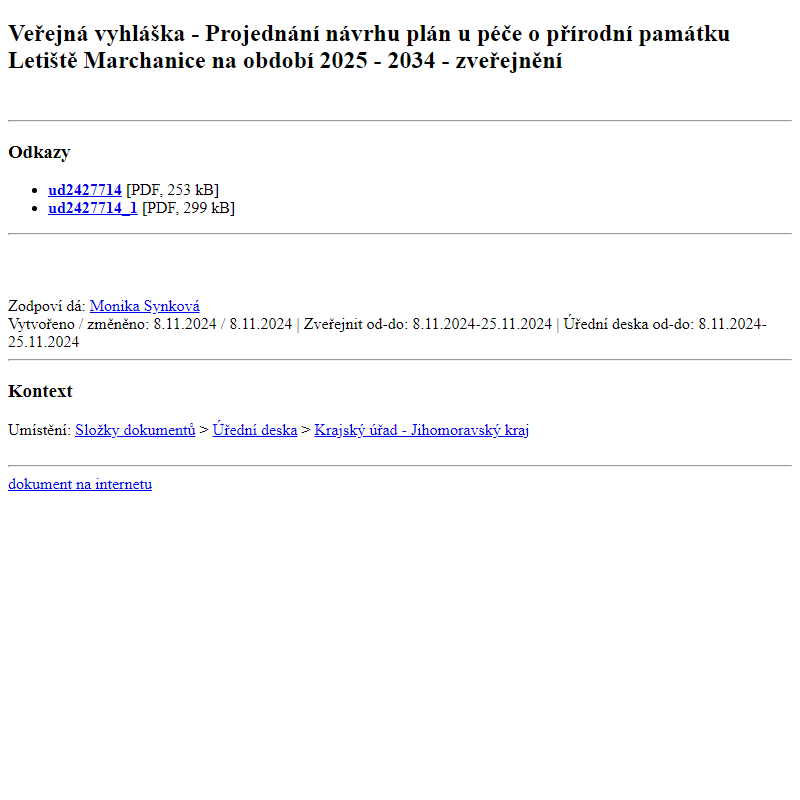 Odběr novinek ze dne 9.11.2024 - dokument Veřejná vyhláška - Projednání návrhu plánu péče o přírodní památku Letiště Marchanice na období 2025 - 2034 - zveřejnění