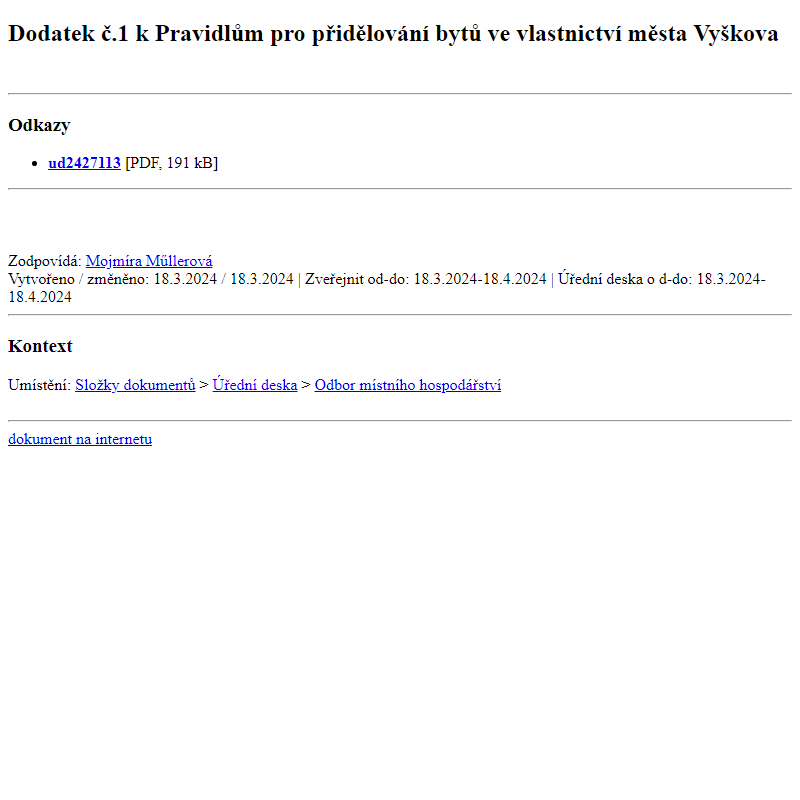 Odběr novinek ze dne 19.3.2024 - dokument Dodatek č.1 k Pravidlům pro přidělování bytů ve vlastnictví města Vyškova