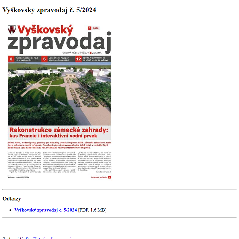Odběr novinek ze dne 3.5.2024 - dokument Vyškovský zpravodaj č. 5/2024