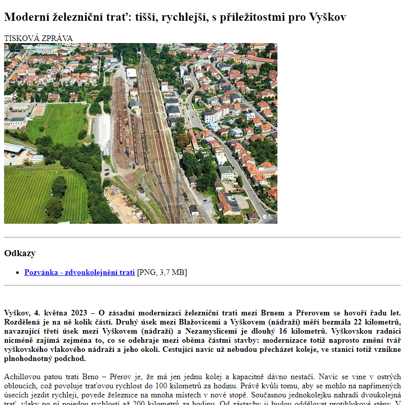 Odběr novinek ze dne 5.5.2023 - dokument Moderní železniční trať: tišší, rychlejší, s příležitostmi pro Vyškov
