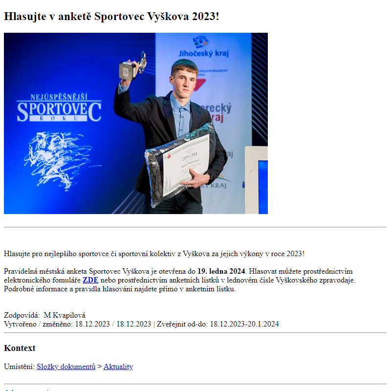 Odběr novinek ze dne 19.12.2023 - dokument Hlasujte v anketě Sportovec Vyškova 2023!