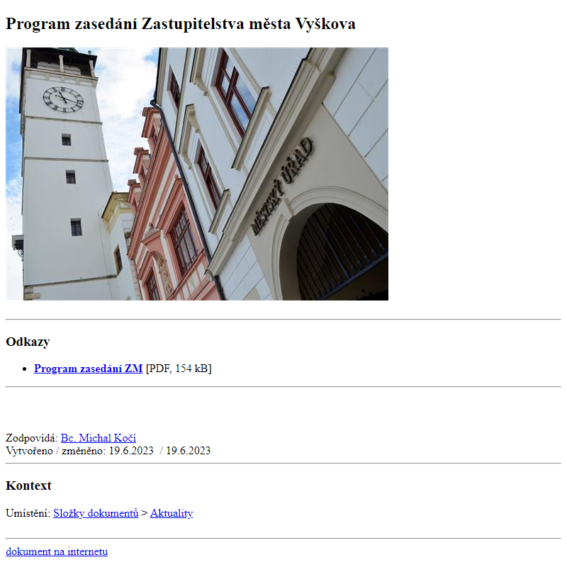 Odběr novinek ze dne 20.6.2023 - dokument Program zasedání Zastupitelstva města Vyškova