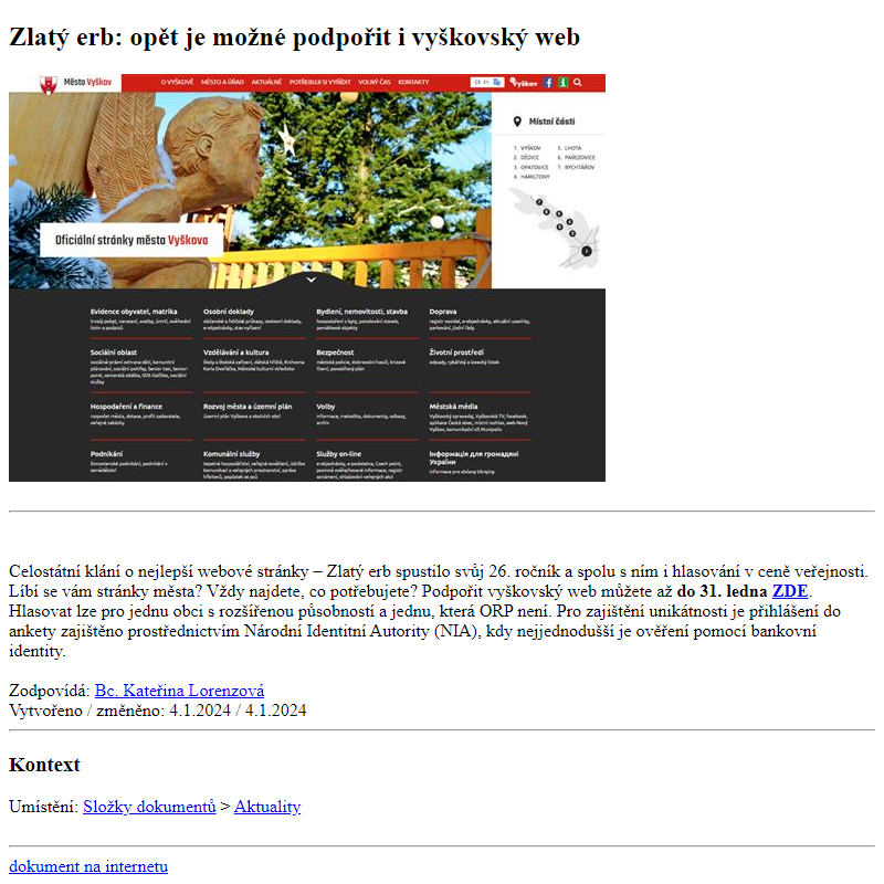 Odběr novinek ze dne 6.1.2024 - dokument Zlatý erb: opět je možné podpořit i vyškovský web