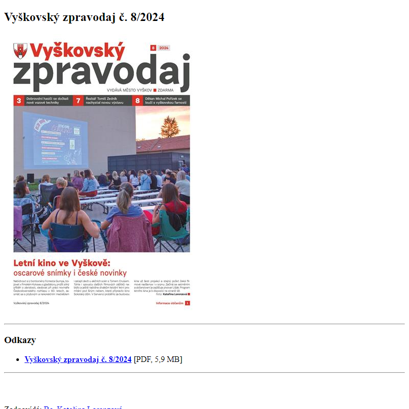 Odběr novinek ze dne 3.8.2024 - dokument Vyškovský zpravodaj č. 8/2024