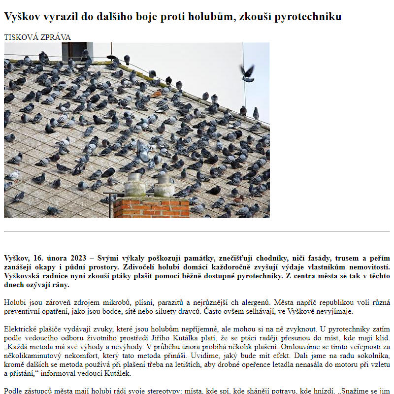 Odběr novinek ze dne 17.2.2023 - dokument Vyškov vyrazil do dalšího boje proti holubům, zkouší pyrotechniku