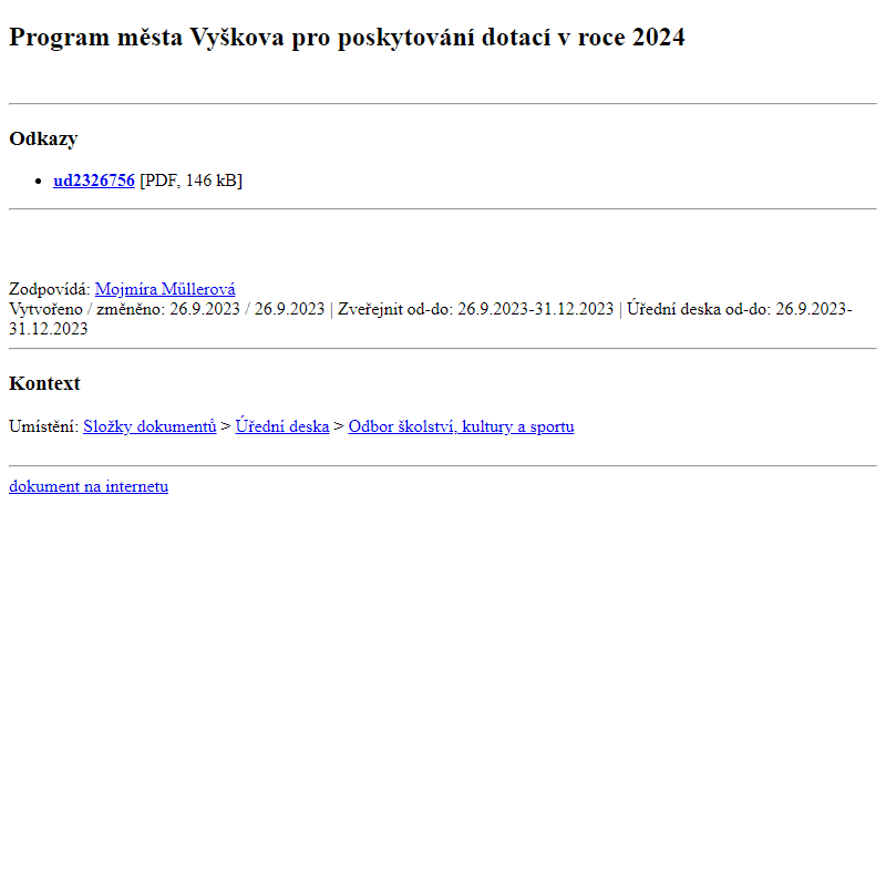 Odběr novinek ze dne 27.9.2023 - dokument Program města Vyškova pro poskytování dotací v roce 2024