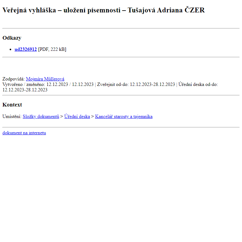 Odběr novinek ze dne 13.12.2023 - dokument Veřejná vyhláška – uložení písemnosti – Tušajová Adriana ČZER