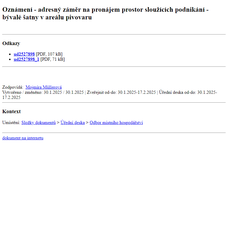 Odběr novinek ze dne 31.1.2025 - dokument Oznámení - adresný záměr na pronájem prostor sloužících podnikání - bývalé šatny v areálu pivovaru