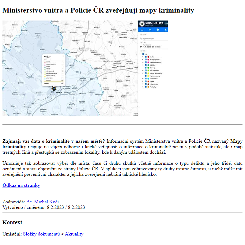 Odběr novinek ze dne 9.2.2023 - dokument Ministerstvo vnitra a Policie ČR zveřejňují mapy kriminality