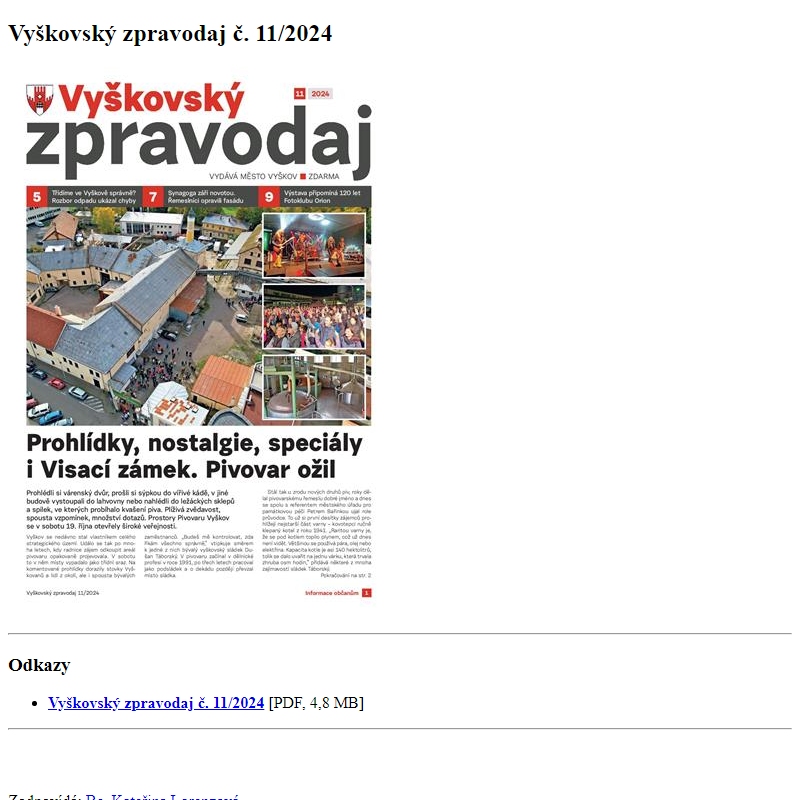 Odběr novinek ze dne 5.11.2024 - dokument Vyškovský zpravodaj č. 11/2024