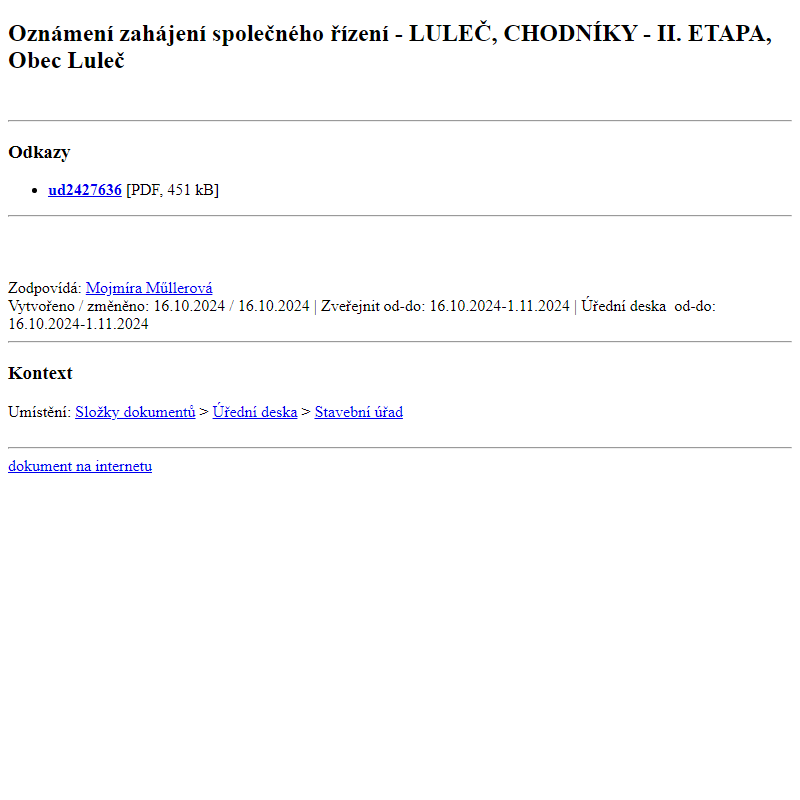 Odběr novinek ze dne 17.10.2024 - dokument Oznámení zahájení společného řízení -  LULEČ, CHODNÍKY - II. ETAPA, Obec Luleč