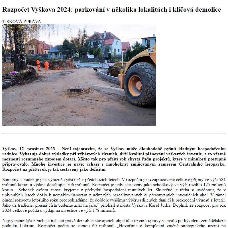 Odběr novinek ze dne 13.12.2023 - dokument Rozpočet Vyškova 2024: parkování v několika lokalitách i klíčová demolice