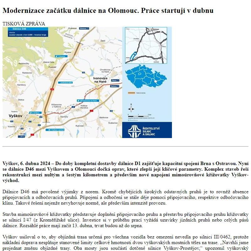 Odběr novinek ze dne 7.4.2024 - dokument Modernizace začátku dálnice na Olomouc. Práce startují v dubnu