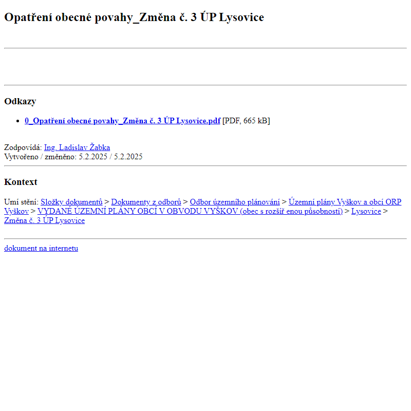 Odběr novinek ze dne 6.2.2025 - dokument Opatření obecné povahy_Změna č. 3 ÚP Lysovice