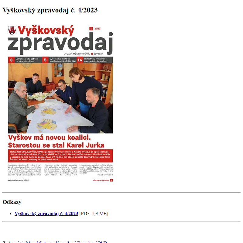 Odběr novinek ze dne 4.4.2023 - dokument Vyškovský zpravodaj č. 4/2023