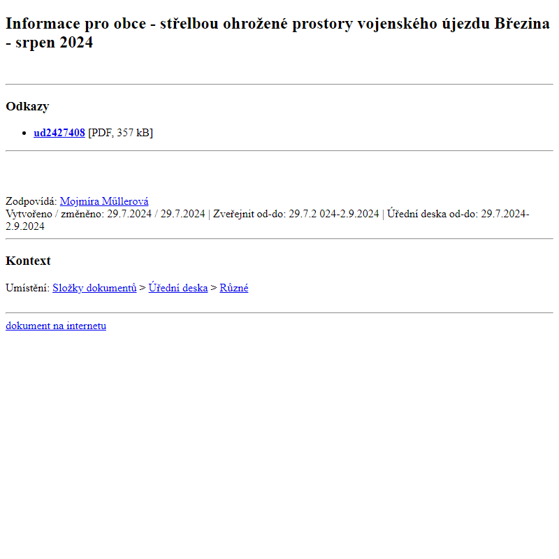 Odběr novinek ze dne 30.7.2024 - dokument Informace pro obce - střelbou ohrožené prostory vojenského újezdu Březina - srpen 2024