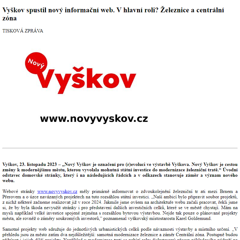 Odběr novinek ze dne 24.11.2023 - dokument Vyškov spustil nový informační web. V hlavní roli? Železnice a centrální zóna