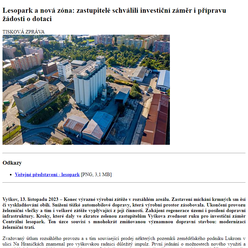 Odběr novinek ze dne 14.11.2023 - dokument Lesopark a nová zóna: zastupitelé schválili investiční záměr i přípravu žádosti o dotaci