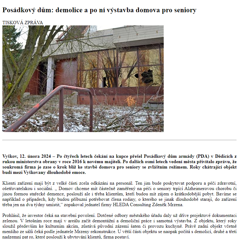 Odběr novinek ze dne 13.2.2024 - dokument Posádkový dům: demolice a po ní výstavba domova pro seniory