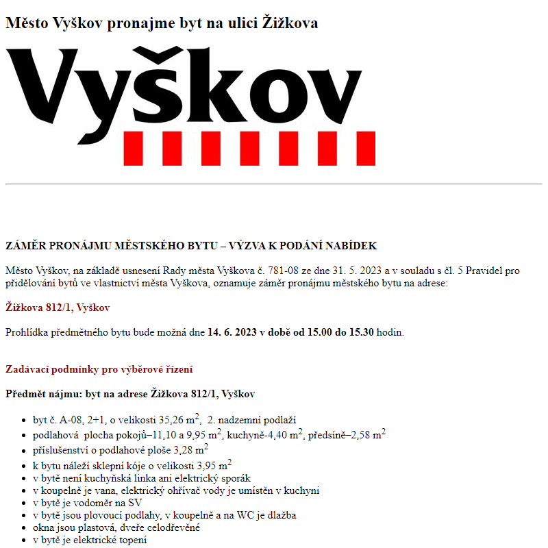 Odběr novinek ze dne 2.6.2023 - dokument Město Vyškov pronajme byt na ulici Žižkova