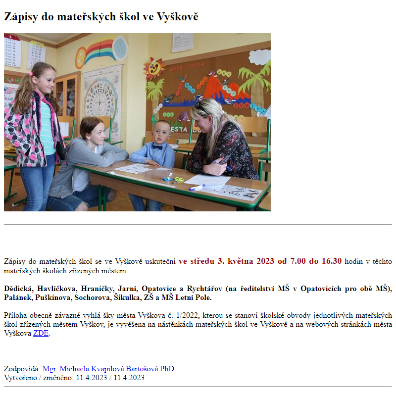 Odběr novinek ze dne 12.4.2023 - dokument Zápisy do mateřských škol ve Vyškově