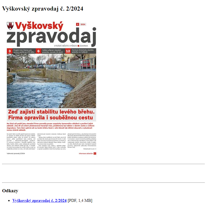 Odběr novinek ze dne 2.2.2024 - dokument Vyškovský zpravodaj č. 2/2024