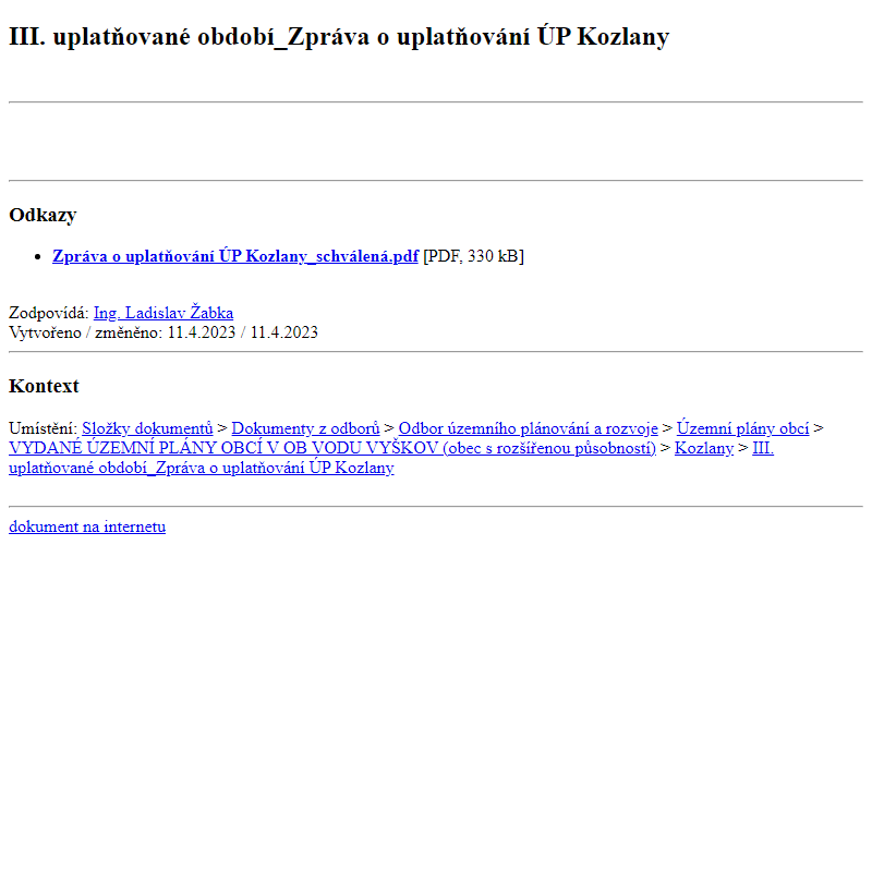 Odběr novinek ze dne 12.4.2023 - dokument III. uplatňované období_Zpráva o uplatňování ÚP Kozlany