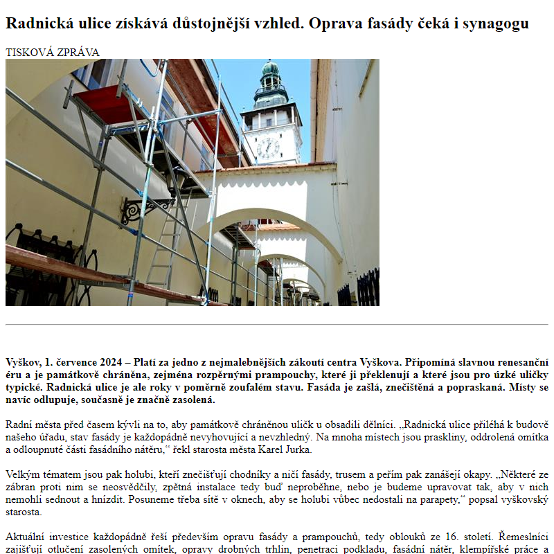 Odběr novinek ze dne 2.7.2024 - dokument Radnická ulice získává důstojnější vzhled. Oprava fasády čeká i synagogu