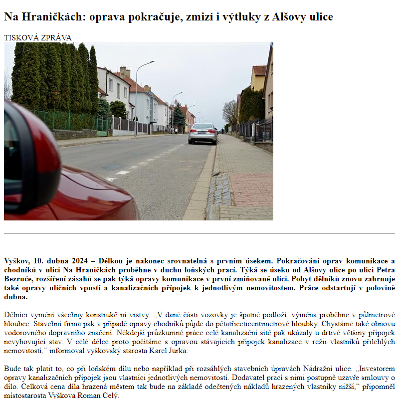 Odběr novinek ze dne 11.4.2024 - dokument Na Hraničkách: oprava pokračuje, zmizí i výtluky z Alšovy ulice