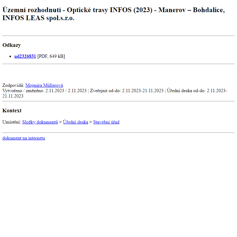 Odběr novinek ze dne 3.11.2023 - dokument Územní rozhodnutí -  Optické trasy INFOS (2023) - Manerov – Bohdalice, INFOS LEAS spol.s.r.o.