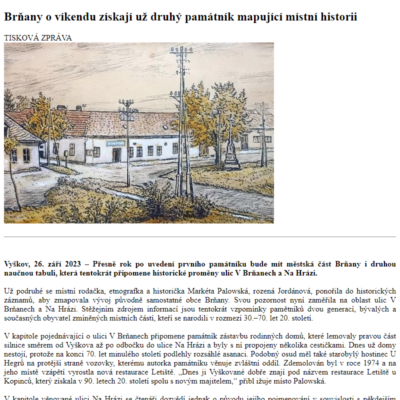 Odběr novinek ze dne 27.9.2023 - dokument Brňany o víkendu získají už druhý památník mapující místní historii