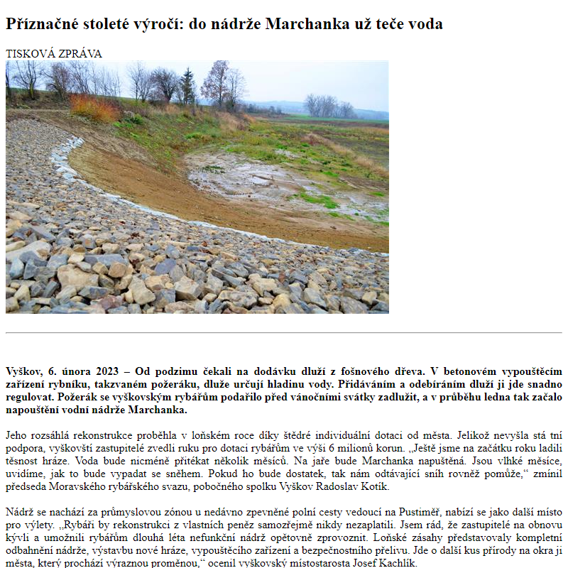 Odběr novinek ze dne 7.2.2023 - dokument Příznačné stoleté výročí: do nádrže Marchanka už teče voda