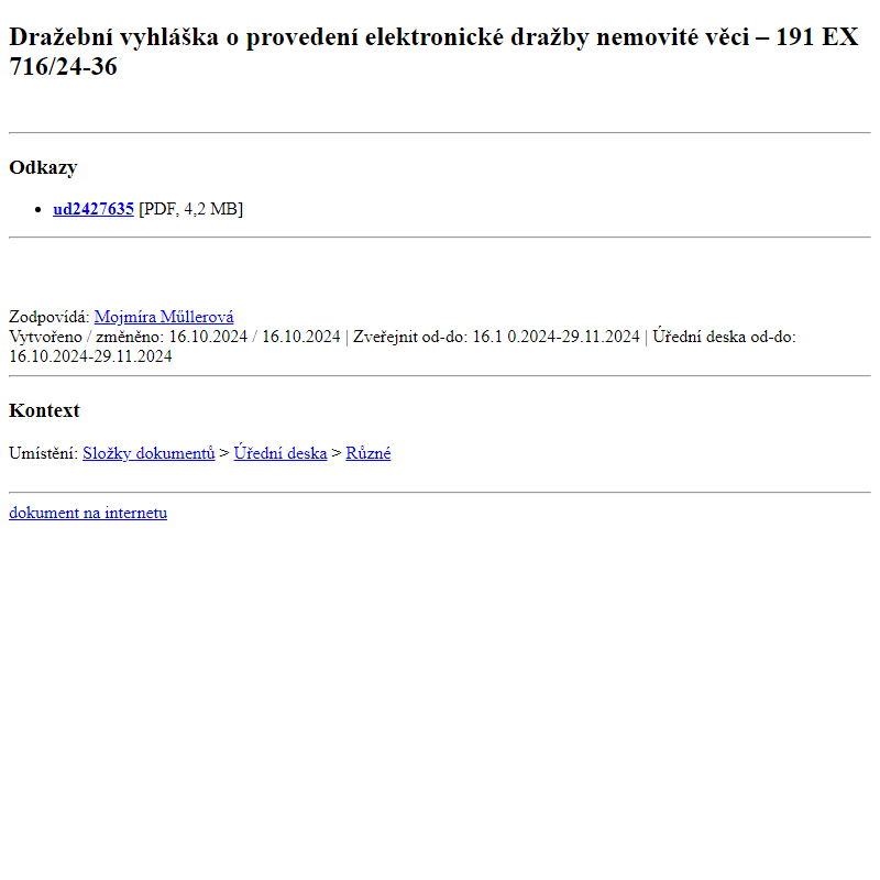 Odběr novinek ze dne 17.10.2024 - dokument Dražební vyhláška o provedení elektronické dražby nemovité věci – 191 EX 716/24-36