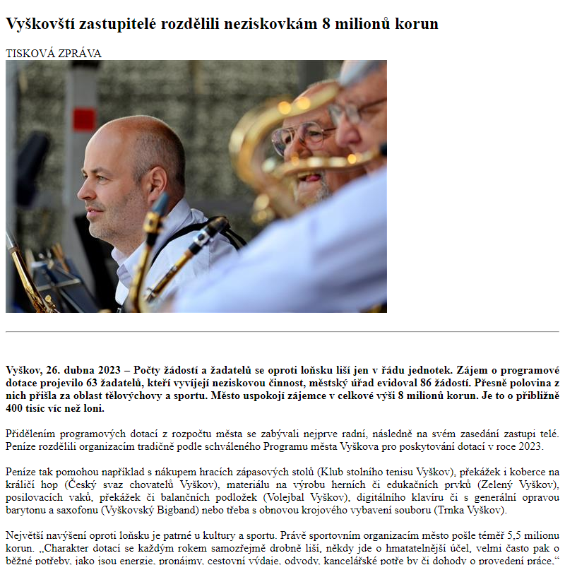 Odběr novinek ze dne 27.4.2023 - dokument Vyškovští zastupitelé rozdělili neziskovkám 8 milionů korun