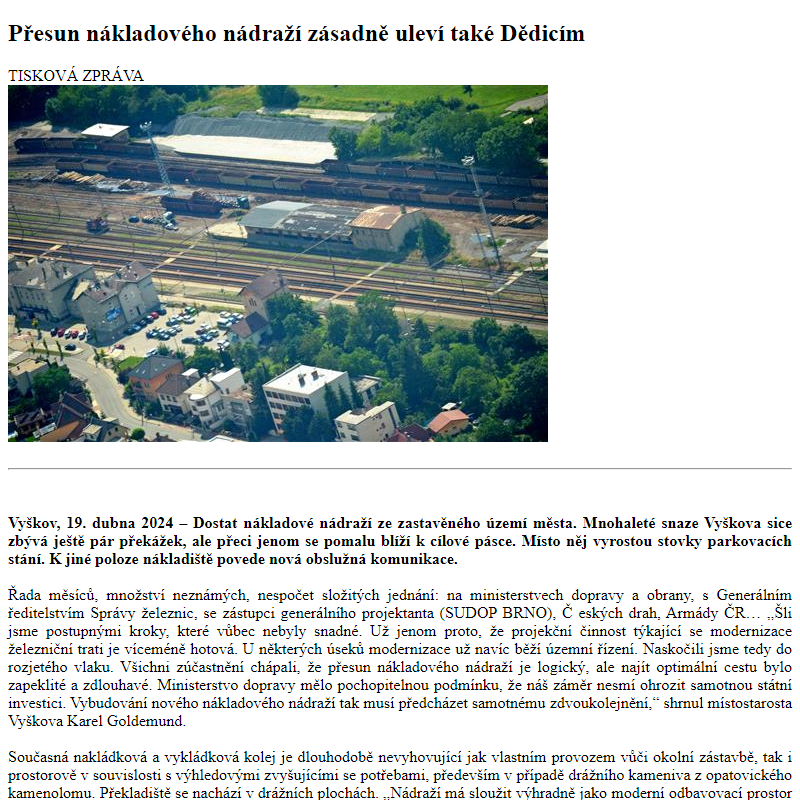 Odběr novinek ze dne 20.4.2024 - dokument Přesun nákladového nádraží zásadně uleví také Dědicím