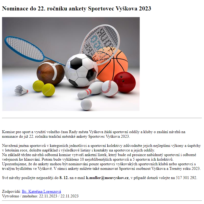 Odběr novinek ze dne 23.11.2023 - dokument Nominace do 22. ročníku ankety Sportovec Vyškova 2023