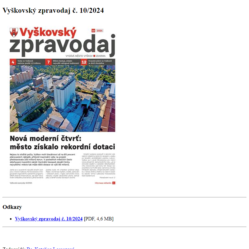 Odběr novinek ze dne 3.10.2024 - dokument Vyškovský zpravodaj č. 10/2024