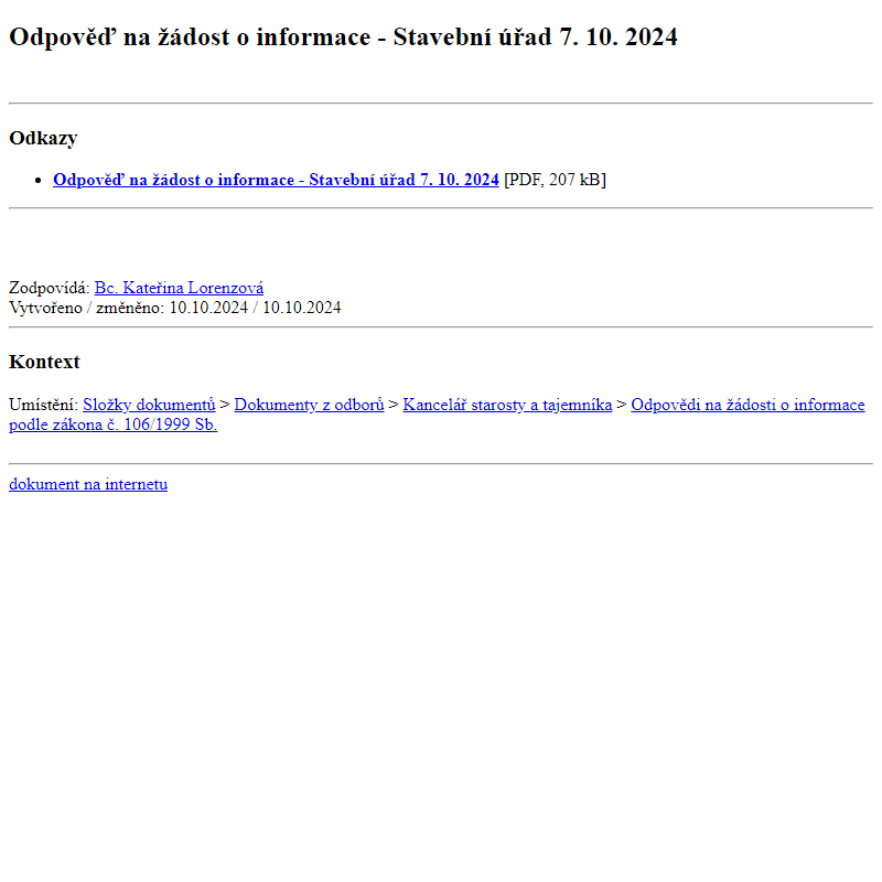 Odběr novinek ze dne 11.10.2024 - dokument Odpověď na žádost o informace - Stavební úřad 7. 10. 2024