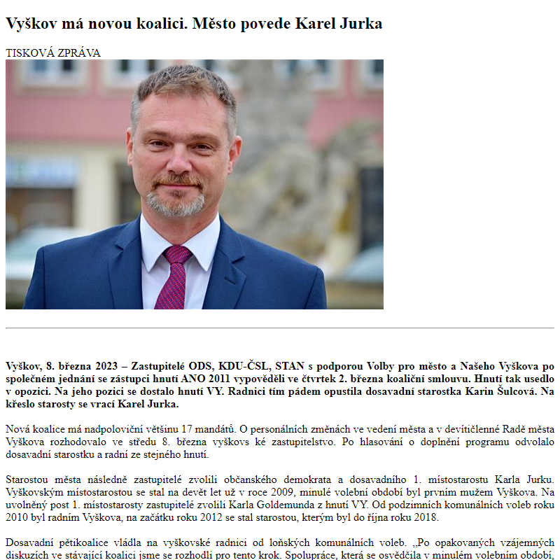 Odběr novinek ze dne 9.3.2023 - dokument Vyškov má novou koalici. Město povede Karel Jurka