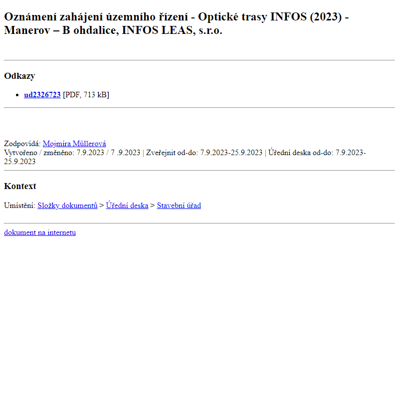 Odběr novinek ze dne 8.9.2023 - dokument Oznámení zahájení územního řízení -  Optické trasy INFOS (2023) - Manerov – Bohdalice, INFOS LEAS, s.r.o.