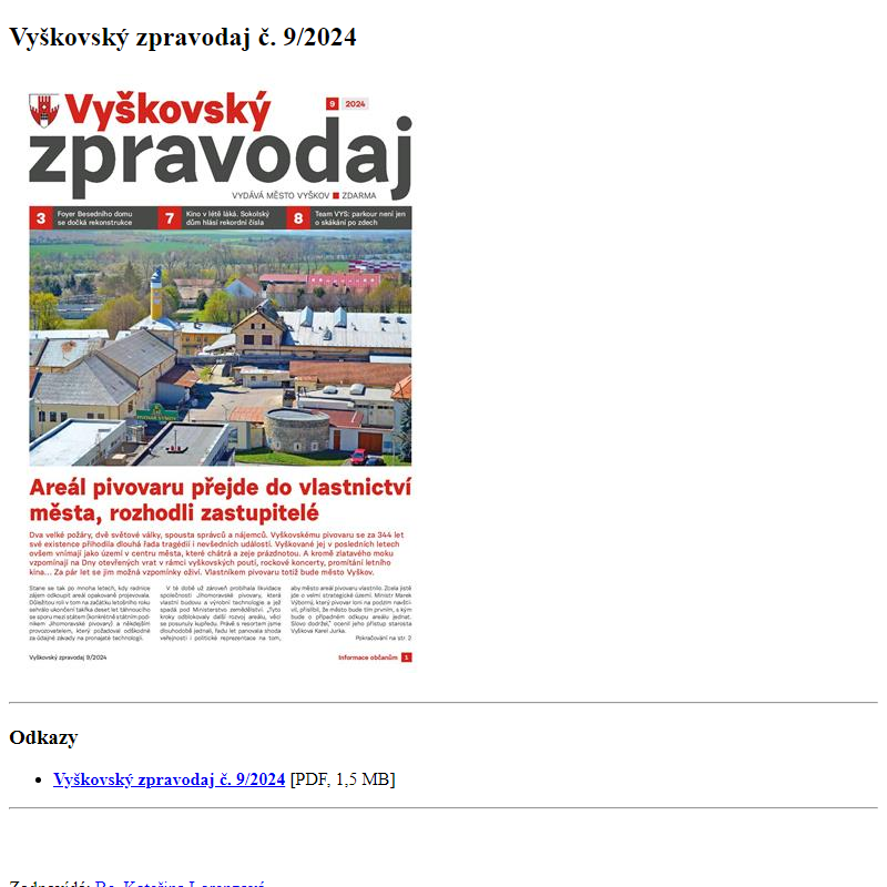 Odběr novinek ze dne 5.9.2024 - dokument Vyškovský zpravodaj č. 9/2024